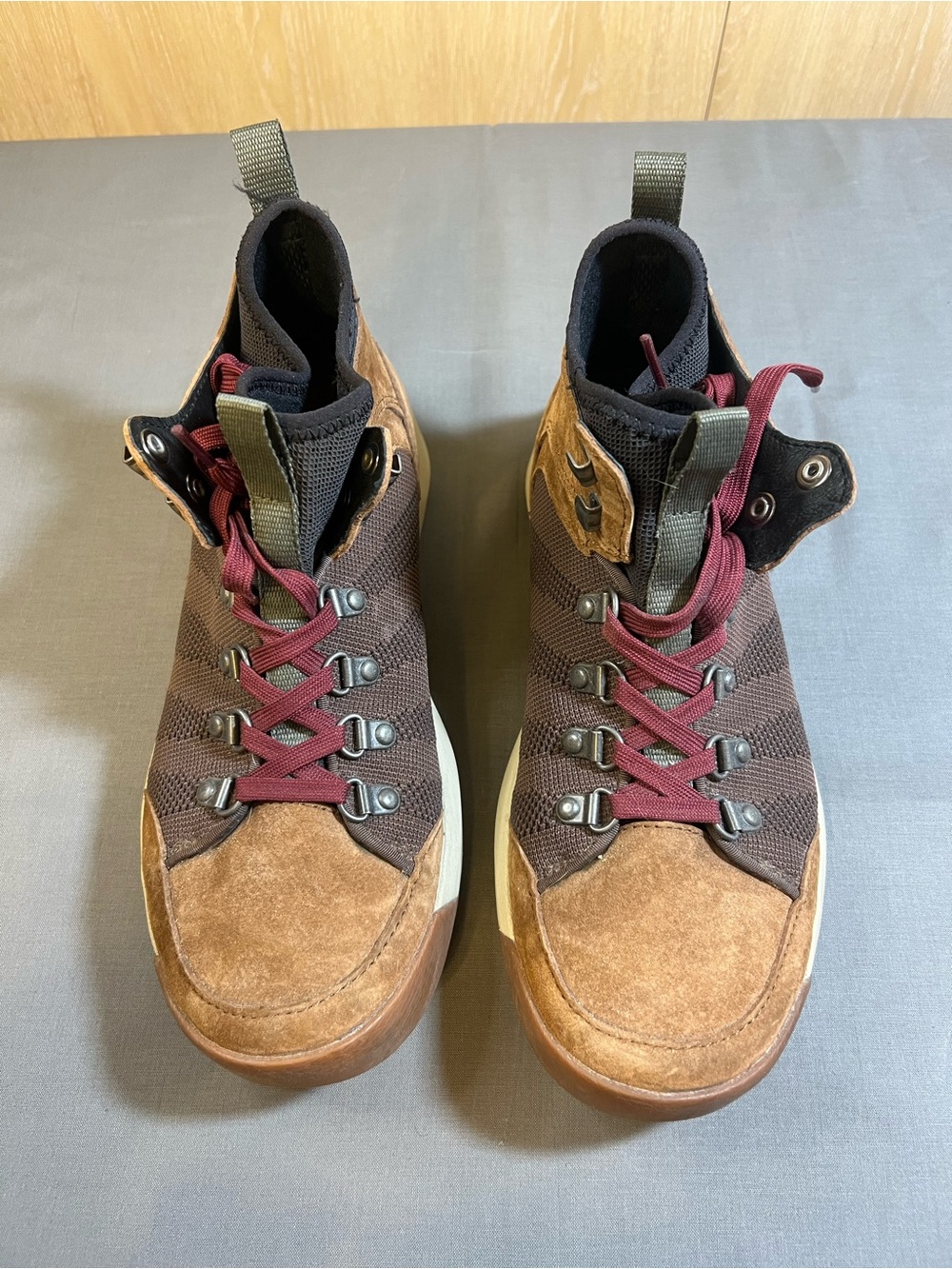 L.L. Bean Brown Suede & Dark Brown Knit High-Top Sneakers with Burgundy Laces